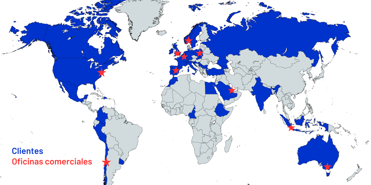 Mapa de clientes y oficinas comerciales de AICROV en el mundo
